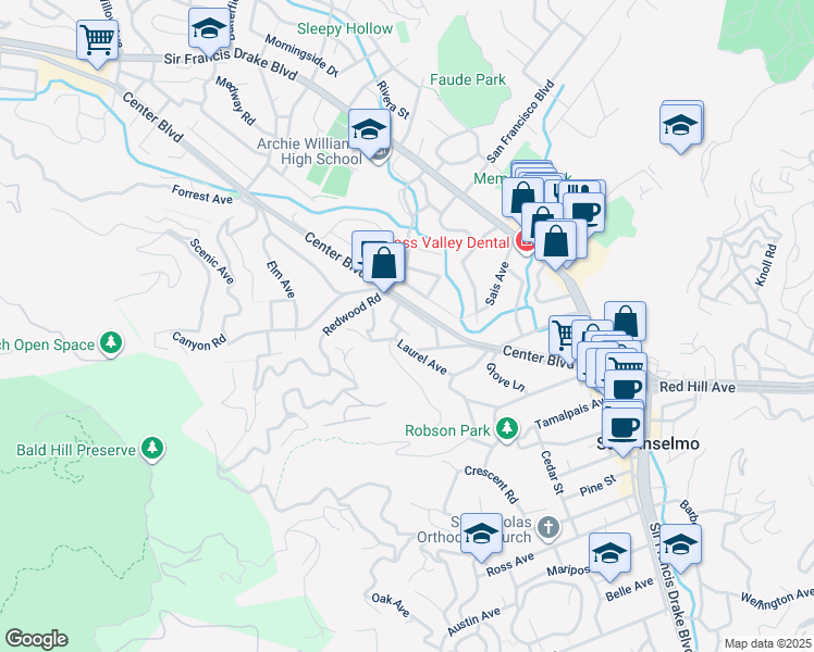 map of restaurants, bars, coffee shops, grocery stores, and more near 1045 San Anselmo Avenue in San Anselmo