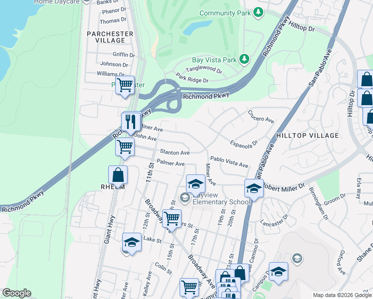 map of restaurants, bars, coffee shops, grocery stores, and more near 1318 John Avenue in San Pablo