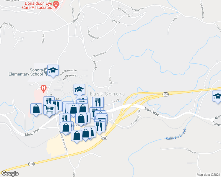 map of restaurants, bars, coffee shops, grocery stores, and more near 19609 Pine Road in Sonora
