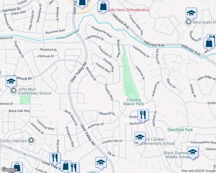 map of restaurants, bars, coffee shops, grocery stores, and more near 2532 Bluerock Drive in Antioch