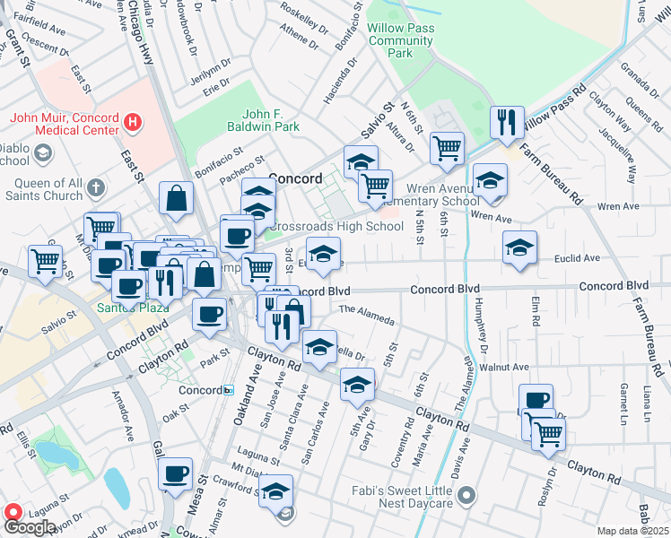 map of restaurants, bars, coffee shops, grocery stores, and more near 1848 Parkside Drive in Concord