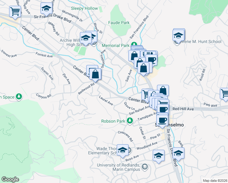 map of restaurants, bars, coffee shops, grocery stores, and more near 70 Karl Avenue in San Anselmo