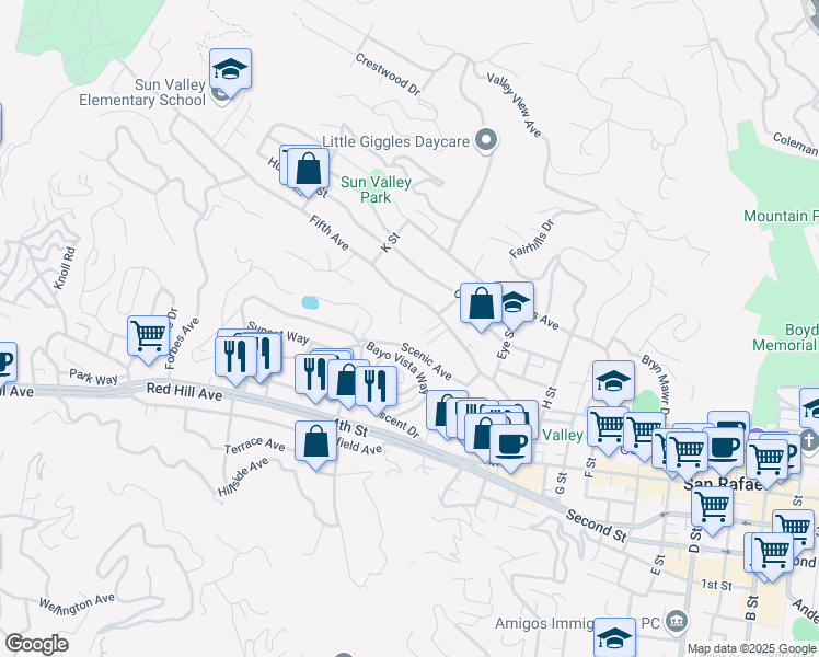 map of restaurants, bars, coffee shops, grocery stores, and more near 29 Leafwood Circle in San Rafael