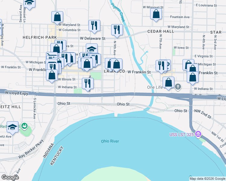 map of restaurants, bars, coffee shops, grocery stores, and more near 1904 West Indiana Street in Evansville