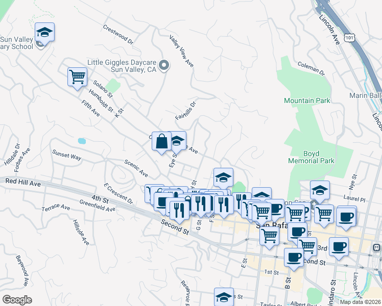 map of restaurants, bars, coffee shops, grocery stores, and more near 119 Forbes Avenue in San Rafael
