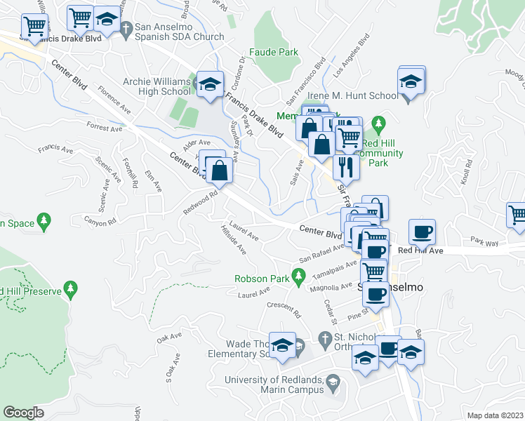 map of restaurants, bars, coffee shops, grocery stores, and more near 70 Karl Avenue in San Anselmo
