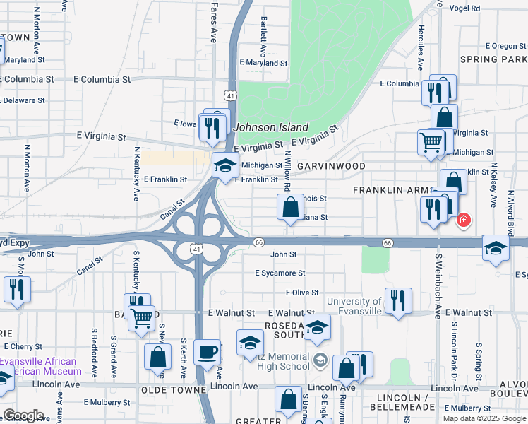 map of restaurants, bars, coffee shops, grocery stores, and more near 1316 East Indiana Street in Evansville