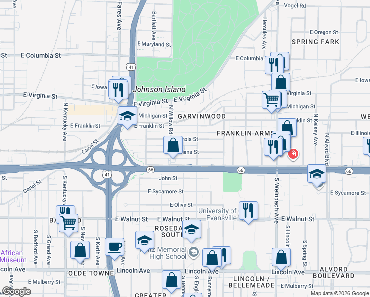 map of restaurants, bars, coffee shops, grocery stores, and more near 1506 East Indiana Street in Evansville