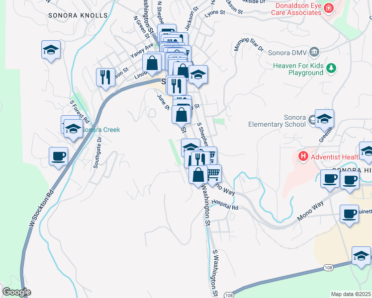 map of restaurants, bars, coffee shops, grocery stores, and more near 502 South Washington Street in Sonora