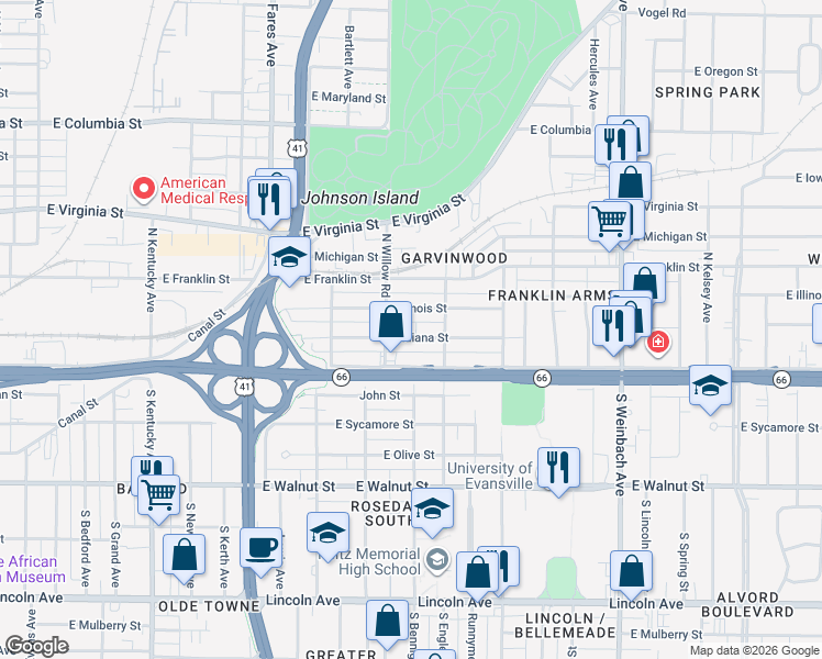 map of restaurants, bars, coffee shops, grocery stores, and more near 1506 East Indiana Street in Evansville