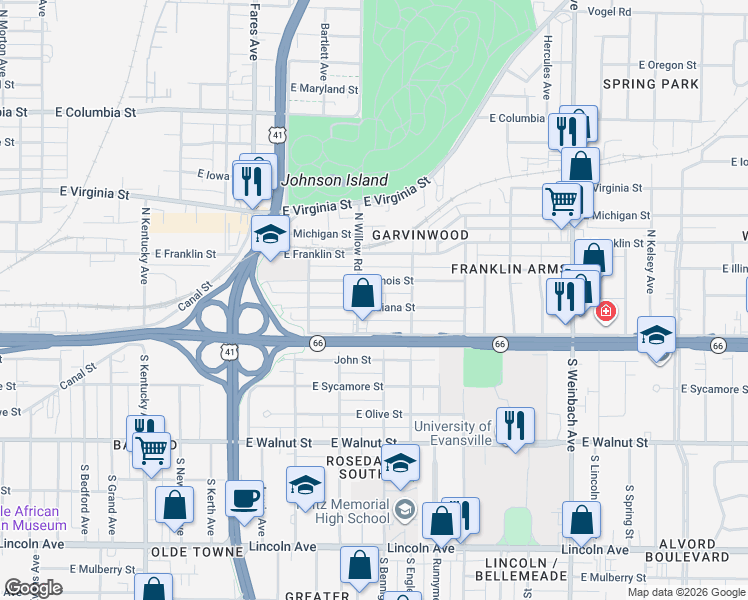 map of restaurants, bars, coffee shops, grocery stores, and more near 120 North Willow Road in Evansville