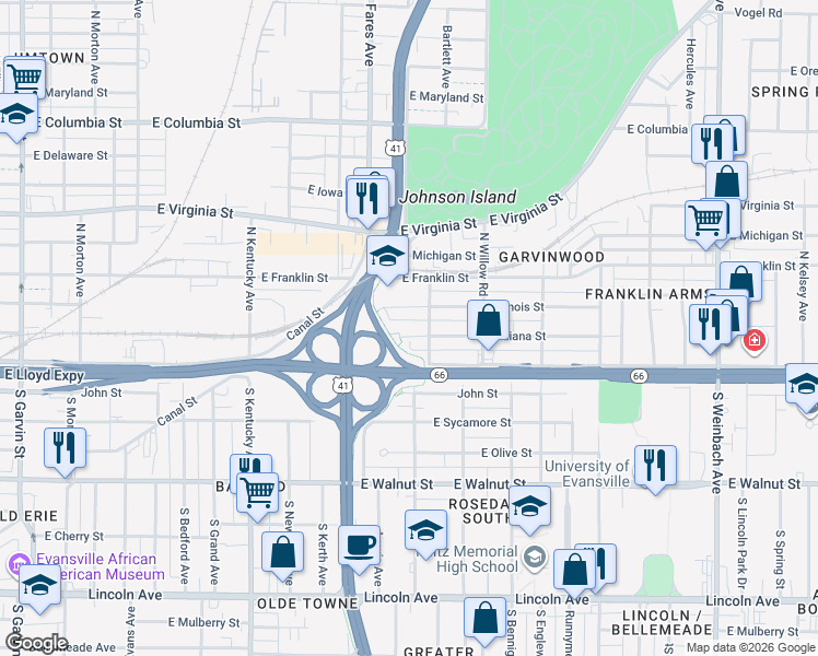 map of restaurants, bars, coffee shops, grocery stores, and more near 1236 East Indiana Street in Evansville