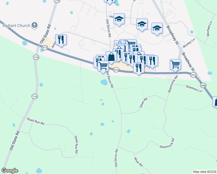 map of restaurants, bars, coffee shops, grocery stores, and more near 1446 Old Ekron Road in Brandenburg