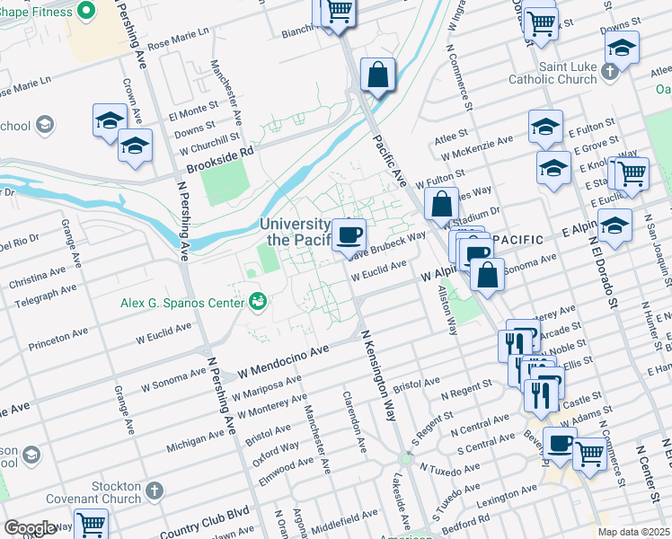 map of restaurants, bars, coffee shops, grocery stores, and more near 3441 North Kensington Way in Stockton