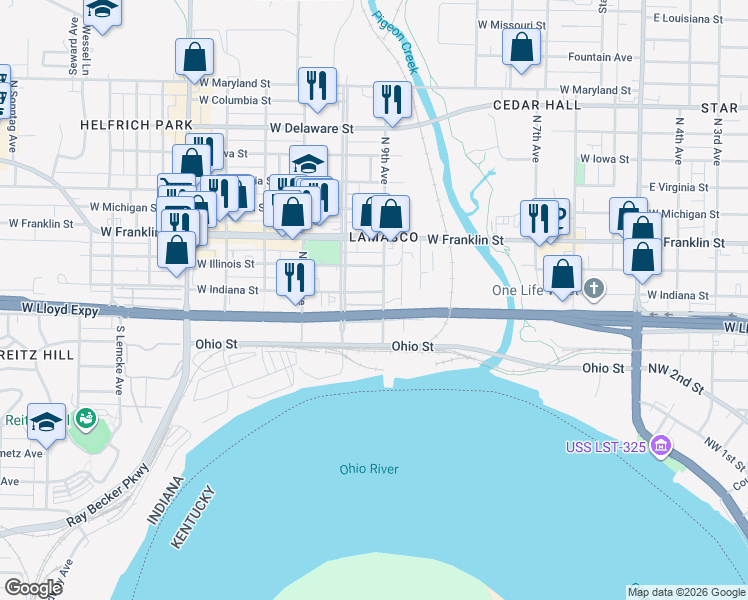 map of restaurants, bars, coffee shops, grocery stores, and more near 1904 West Indiana Street in Evansville