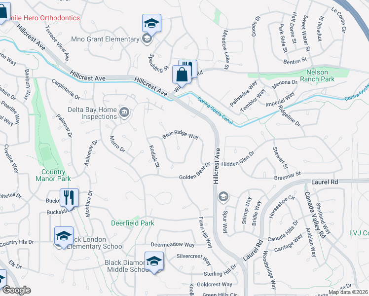 map of restaurants, bars, coffee shops, grocery stores, and more near 3321 Lair Way in Antioch
