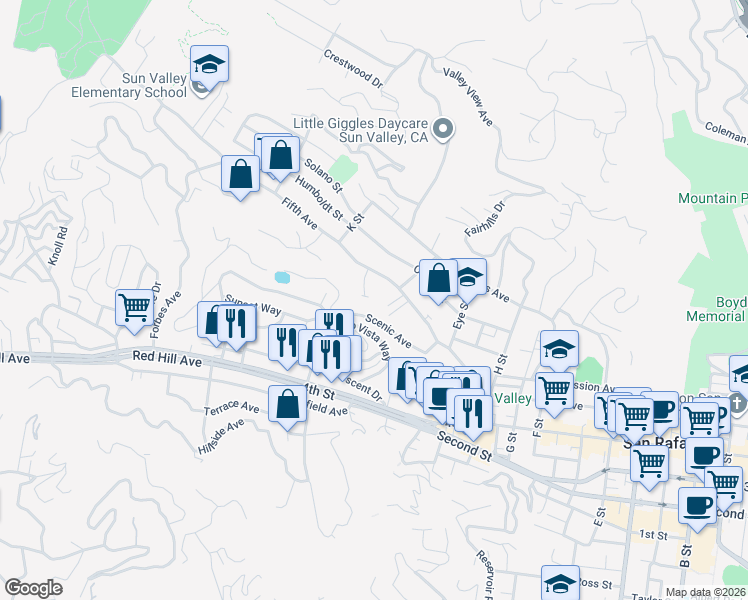 map of restaurants, bars, coffee shops, grocery stores, and more near 29 Leafwood Circle in San Rafael