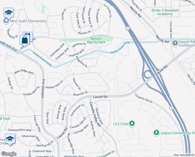 map of restaurants, bars, coffee shops, grocery stores, and more near 4637 Appleglen Street in Antioch