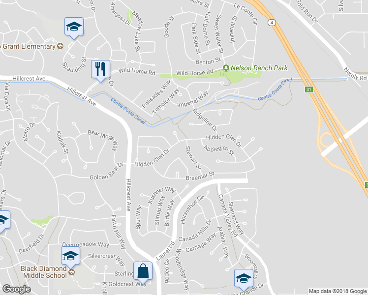 map of restaurants, bars, coffee shops, grocery stores, and more near 4600 Stewart Street in Antioch