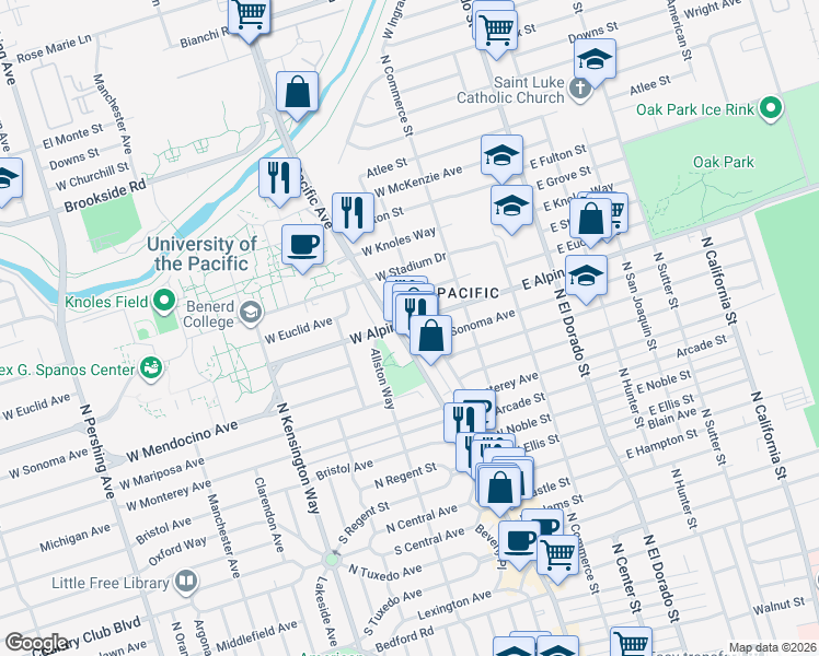 map of restaurants, bars, coffee shops, grocery stores, and more near 238 West Alpine Avenue in Stockton