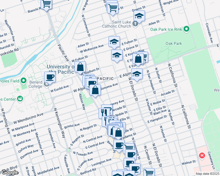 map of restaurants, bars, coffee shops, grocery stores, and more near 58 W Sonoma Ave in Stockton