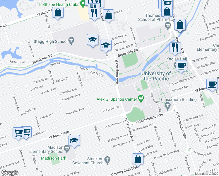 map of restaurants, bars, coffee shops, grocery stores, and more near 1426 Telegraph Avenue in Stockton