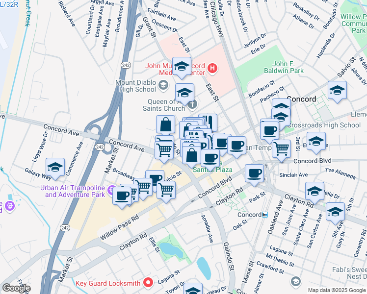 map of restaurants, bars, coffee shops, grocery stores, and more near 2110 Mount Diablo Street in Concord
