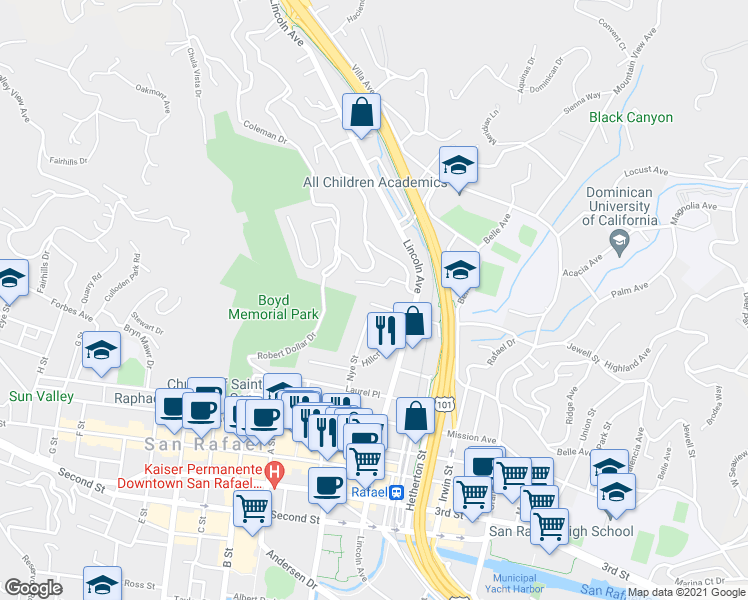 map of restaurants, bars, coffee shops, grocery stores, and more near 355 Paloma Avenue in San Rafael