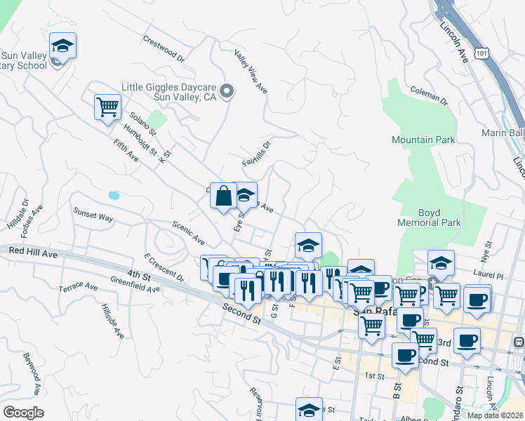 map of restaurants, bars, coffee shops, grocery stores, and more near 119 Forbes Avenue in San Rafael