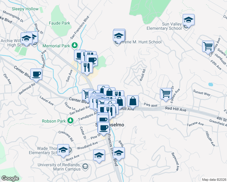 map of restaurants, bars, coffee shops, grocery stores, and more near 6 Allemand Lane in San Anselmo