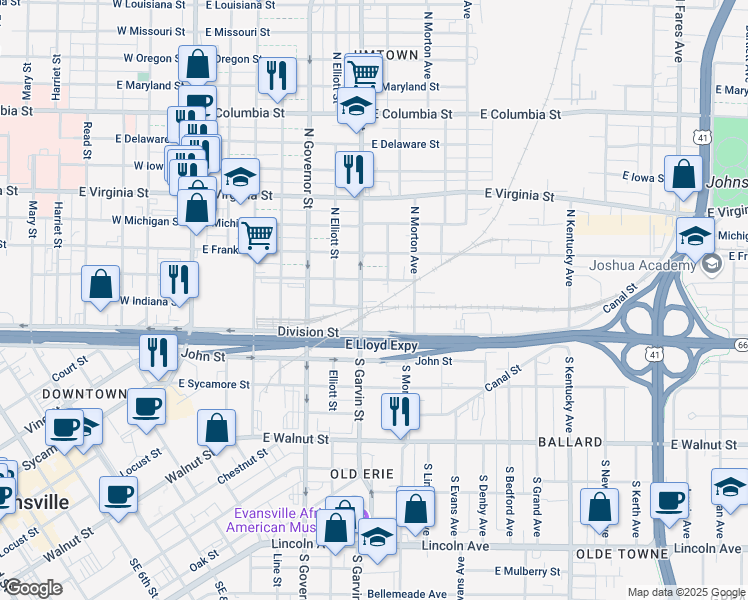 map of restaurants, bars, coffee shops, grocery stores, and more near 101-199 N Garvin St in Evansville