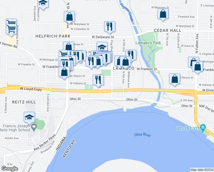 map of restaurants, bars, coffee shops, grocery stores, and more near 18 North Wabash Avenue of Flags in Evansville
