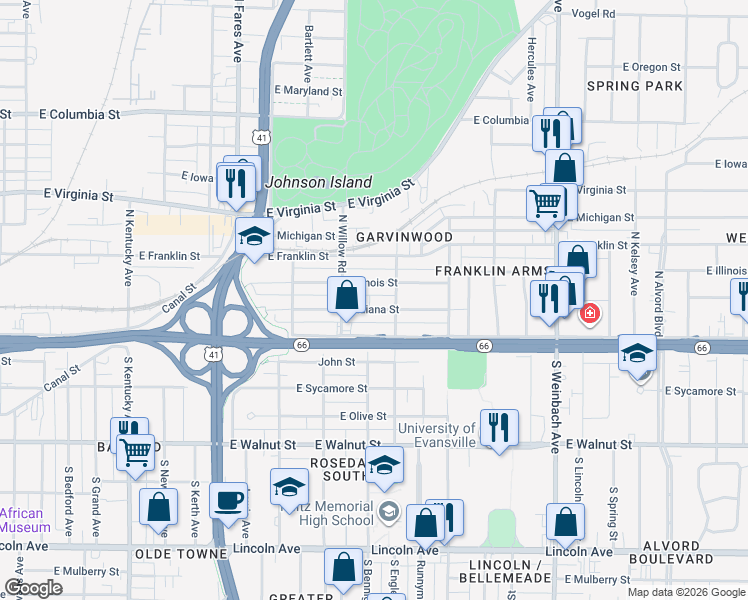map of restaurants, bars, coffee shops, grocery stores, and more near 1506 East Indiana Street in Evansville