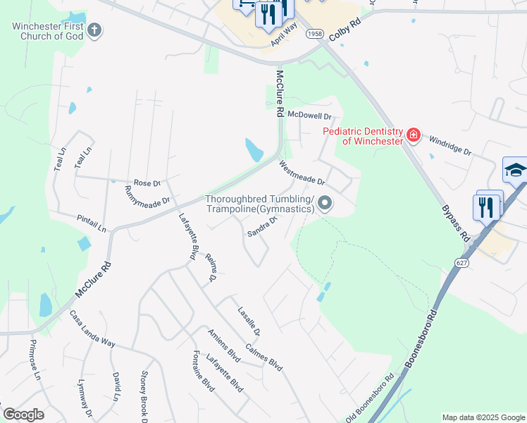 map of restaurants, bars, coffee shops, grocery stores, and more near 526 Kimberly Drive in Winchester