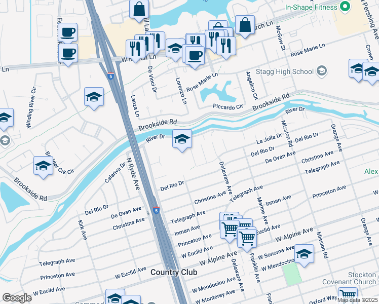 map of restaurants, bars, coffee shops, grocery stores, and more near 3935 La Jolla Drive in Stockton