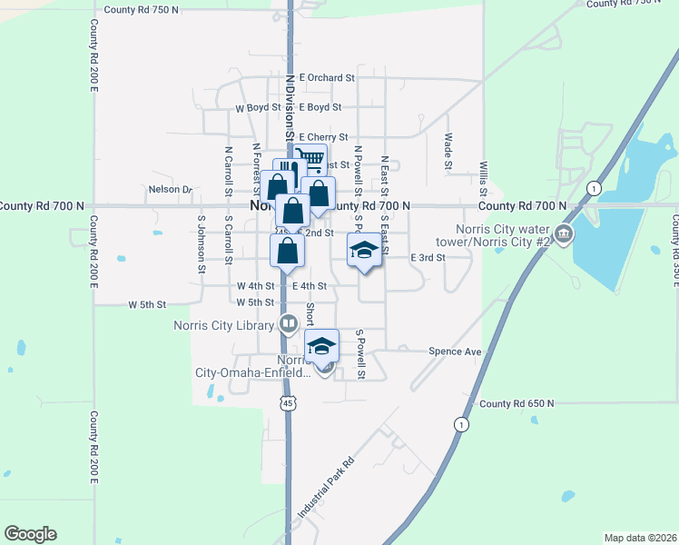 map of restaurants, bars, coffee shops, grocery stores, and more near 301-399 East 3rd Street in Norris City