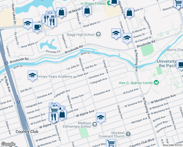 map of restaurants, bars, coffee shops, grocery stores, and more near 1830 De Ovan Avenue in Stockton