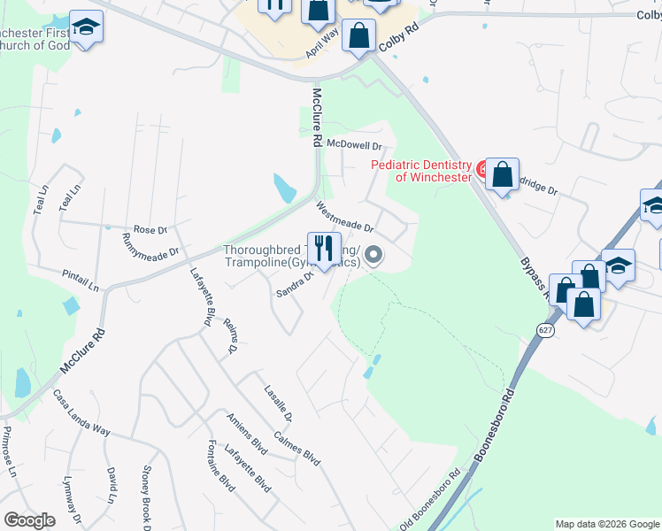 map of restaurants, bars, coffee shops, grocery stores, and more near 719 Terry Drive in Winchester