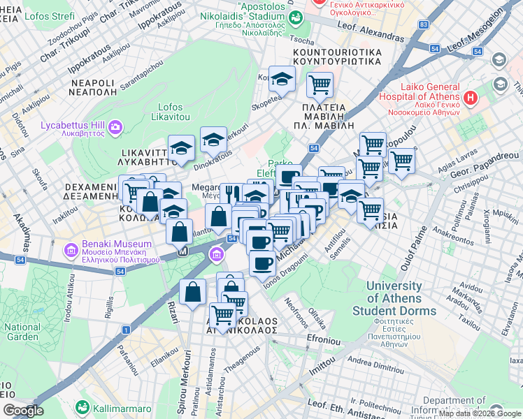 map of restaurants, bars, coffee shops, grocery stores, and more near Leoforos Vasilissis Sofias in Athens