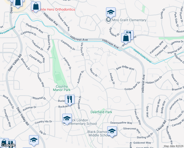 map of restaurants, bars, coffee shops, grocery stores, and more near 2845 Morro Drive in Antioch