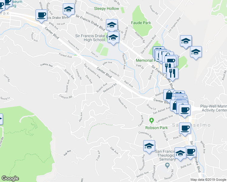 map of restaurants, bars, coffee shops, grocery stores, and more near 20 Olive Avenue in San Anselmo