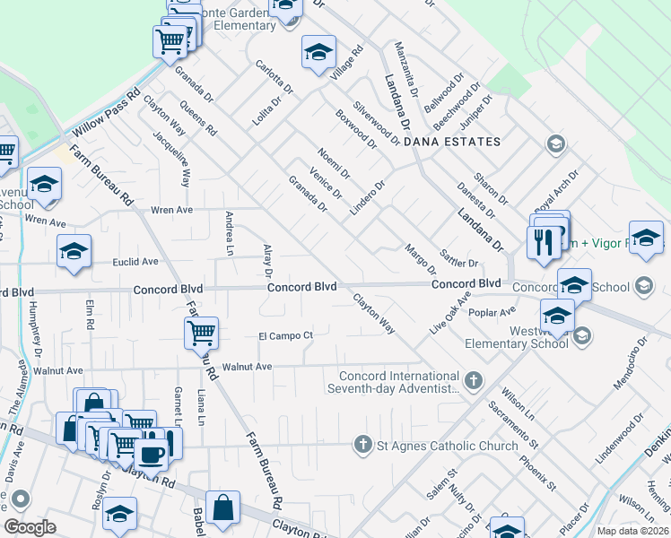 map of restaurants, bars, coffee shops, grocery stores, and more near 1806 Clayton Way in Concord