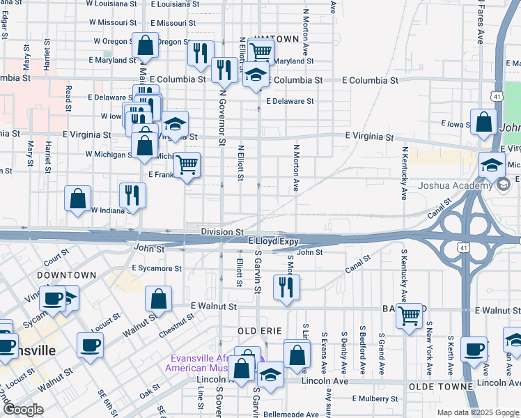 map of restaurants, bars, coffee shops, grocery stores, and more near 101 North Garvin Street in Evansville