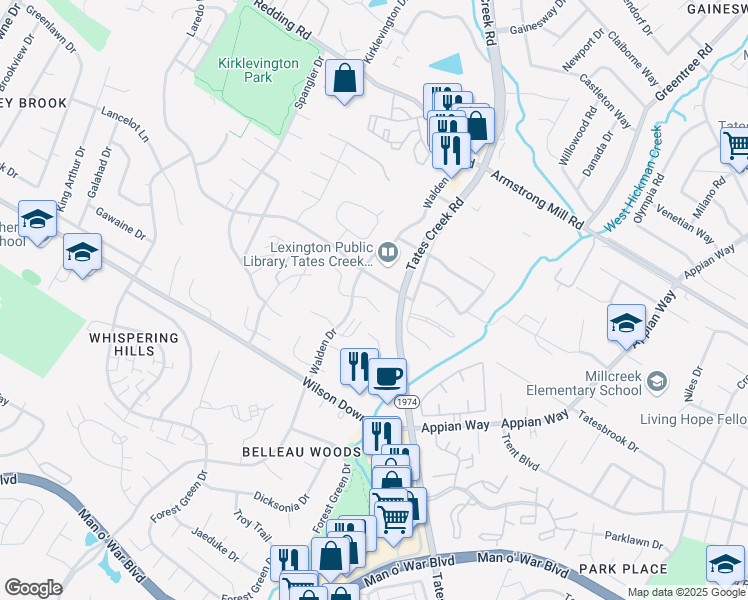 map of restaurants, bars, coffee shops, grocery stores, and more near 615 Big Bear Lane in Lexington