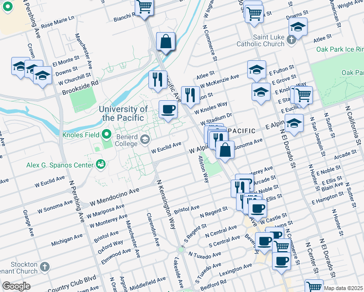 map of restaurants, bars, coffee shops, grocery stores, and more near 3327 Dwight Way in Stockton