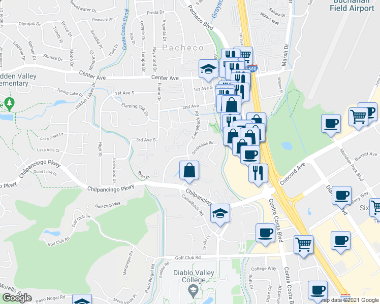 map of restaurants, bars, coffee shops, grocery stores, and more near 298 Scottsdale Road in Pleasant Hill