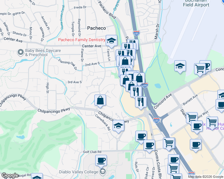map of restaurants, bars, coffee shops, grocery stores, and more near 400 Suntree Lane in Pleasant Hill
