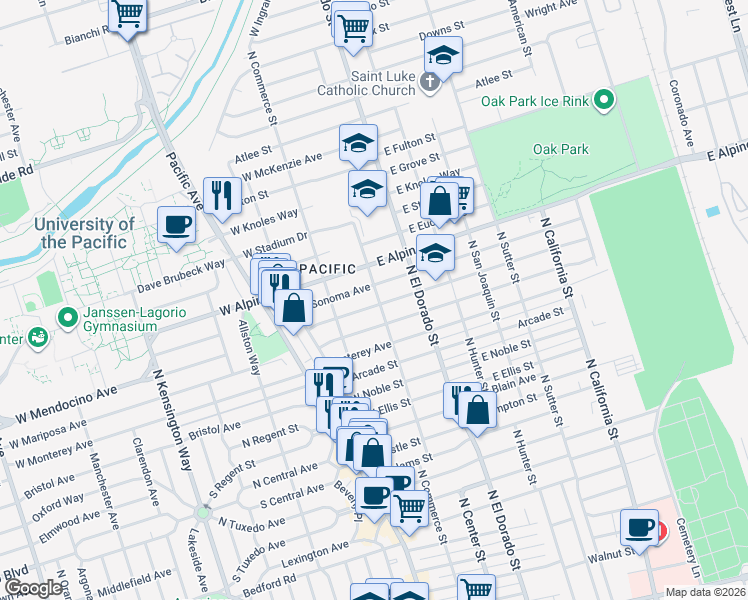 map of restaurants, bars, coffee shops, grocery stores, and more near 3 West Mendocino Avenue in Stockton