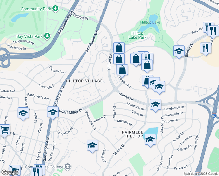map of restaurants, bars, coffee shops, grocery stores, and more near 3211 Southridge Drive in Richmond