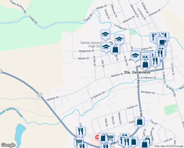 map of restaurants, bars, coffee shops, grocery stores, and more near 3 South 9th Street in Ste. Genevieve